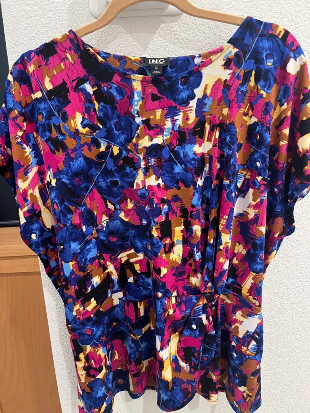 INC International Concepts Blue Pink Gold Abstract Floral Blouse XL